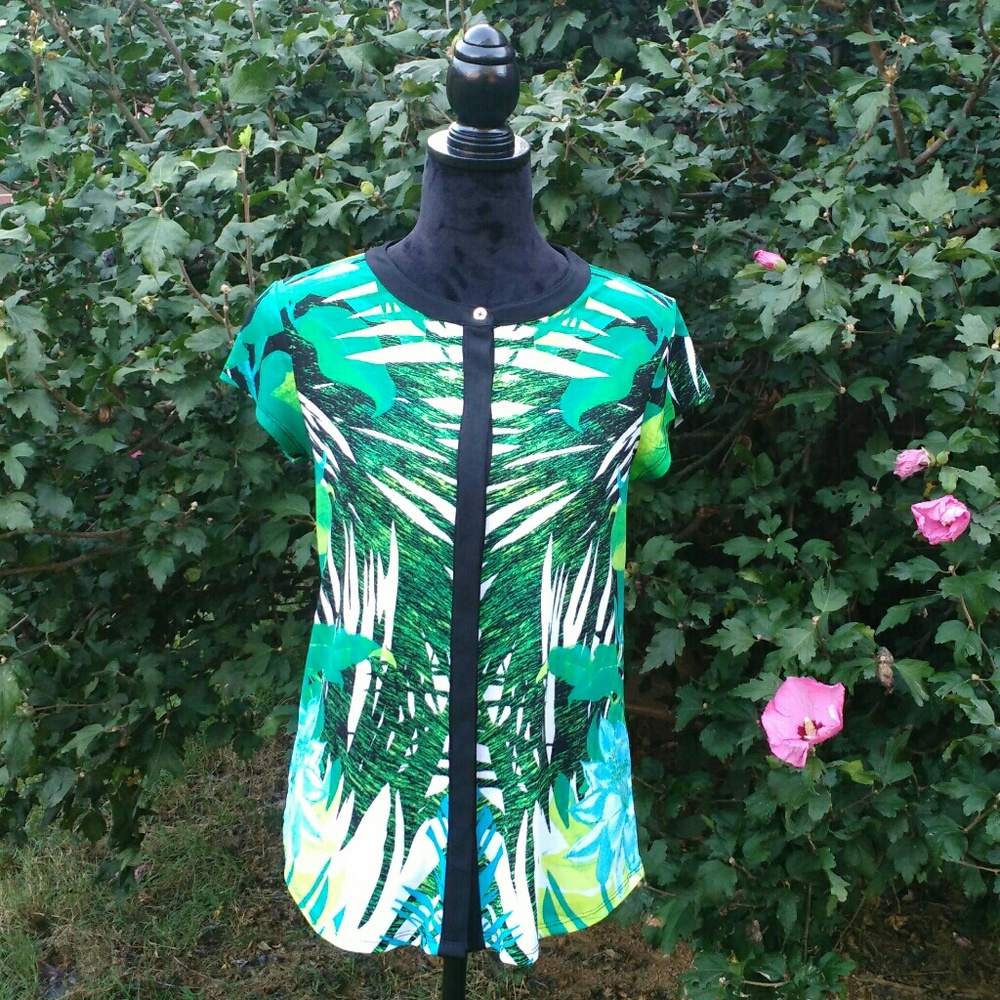 Dana Buchman Green Floral Print Cap Sl Top Sz S